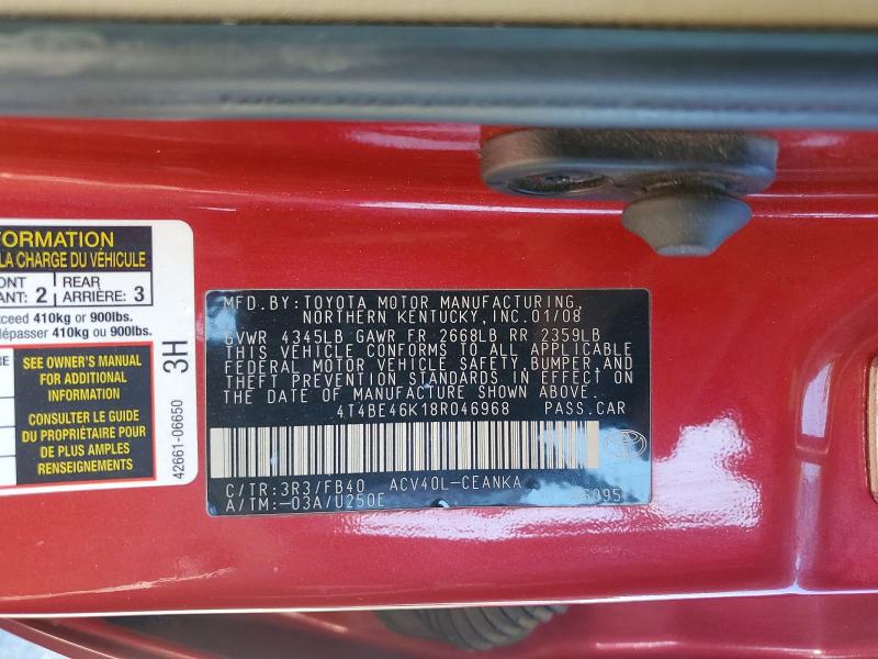 2008 Toyota Camry მანქანა იყიდება აუქციონზე, vin: 4T4BE46K18R046968, აუქციონის ნომერი: 57969076