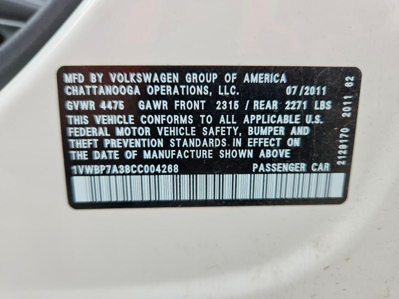 Aukcja sprzedaży 2012 Volkswagen Passat, vin: 1VWBP7A38CC004268, numer aukcji: 58164326