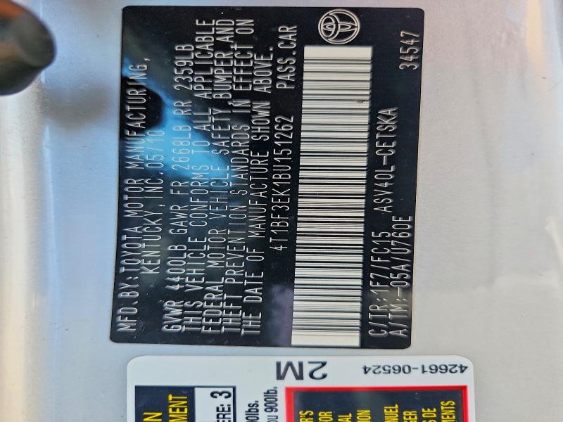 Aukcja sprzedaży 2011 Toyota Camry, vin: 4T1BF3EK1BU151262, numer aukcji: 58600426