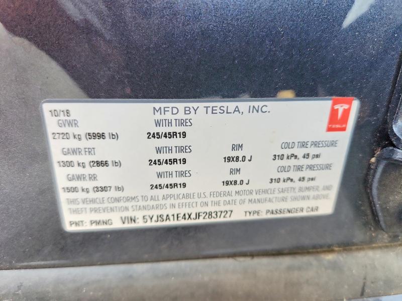 2018 Tesla Model S მანქანა იყიდება აუქციონზე, vin: 5YJSA1E4XJF283727, აუქციონის ნომერი: 57293756