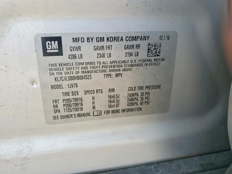 2017 Chevrolet Trax მანქანა იყიდება აუქციონზე, vin: KL7CJLSB0HB084523, აუქციონის ნომერი: 55069656