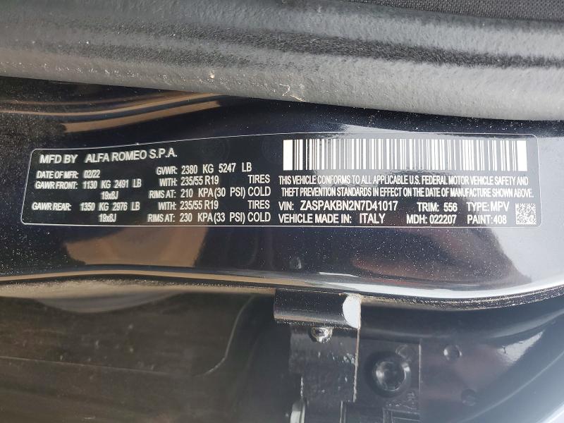 2022 Alfa Romeo Stelvio მანქანა იყიდება აუქციონზე, vin: ZASPAKBN2N7D41017, აუქციონის ნომერი: 55790676