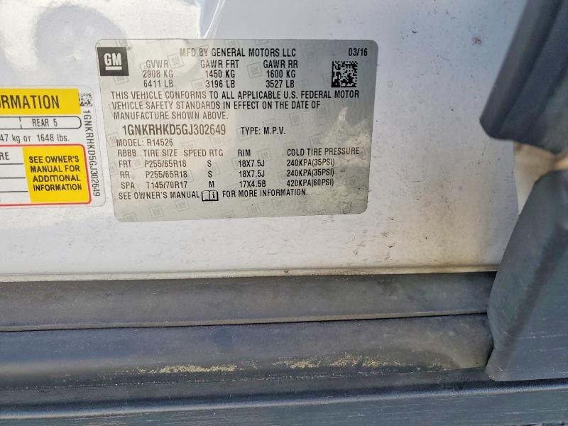55580146 :رقم المزاد ، 1GNKRHKD5GJ302649 vin ، 2016 Chevrolet Traverse مزاد بيع