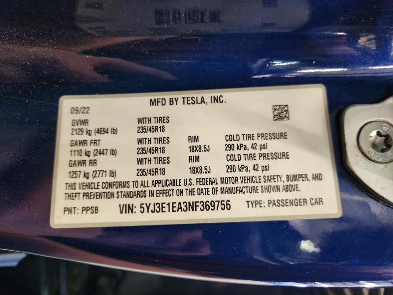 2022 Tesla Model 3 მანქანა იყიდება აუქციონზე, vin: 5YJ3E1EA3NF369756, აუქციონის ნომერი: 56932796