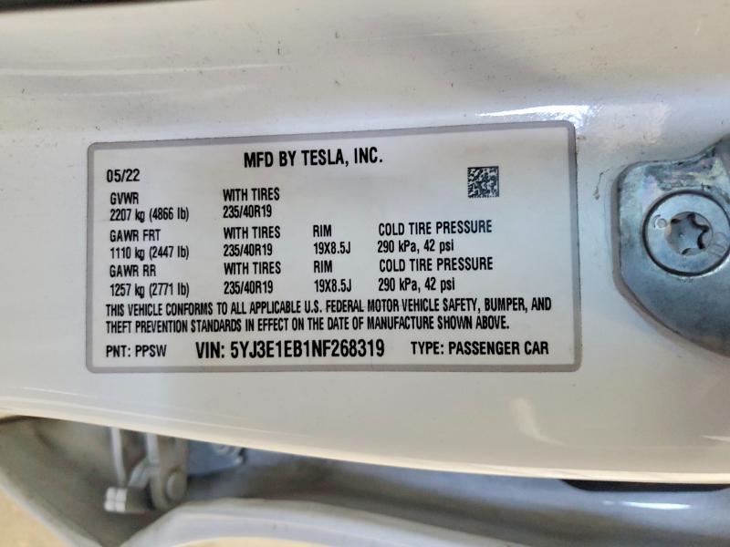 57480976 :رقم المزاد ، 5YJ3E1EB1NF268319 vin ، 2022 Tesla Model 3 مزاد بيع