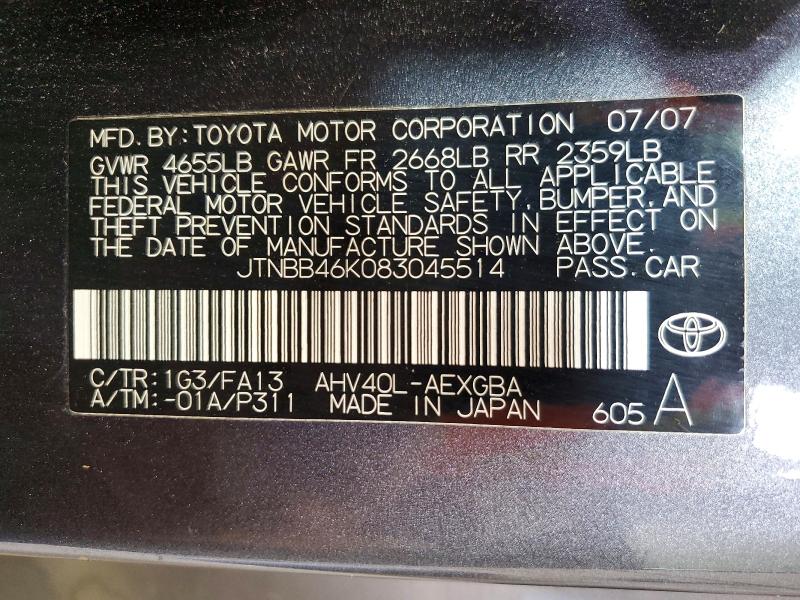 56416596 :رقم المزاد ، JTNBB46K083045514 vin ، 2008 Toyota Camry مزاد بيع