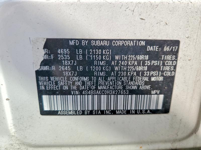 Aukcja sprzedaży 2017 Subaru Outback, vin: 4S4BSAKC0H3427653, numer aukcji: 57471976