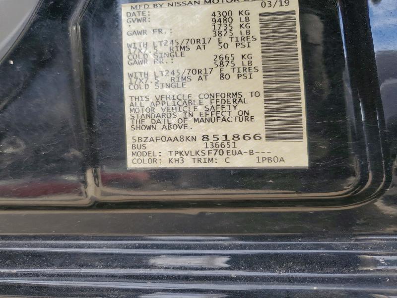 2019 Nissan Nv მანქანა იყიდება აუქციონზე, vin: 5BZAF0AA8KN851866, აუქციონის ნომერი: 55917676