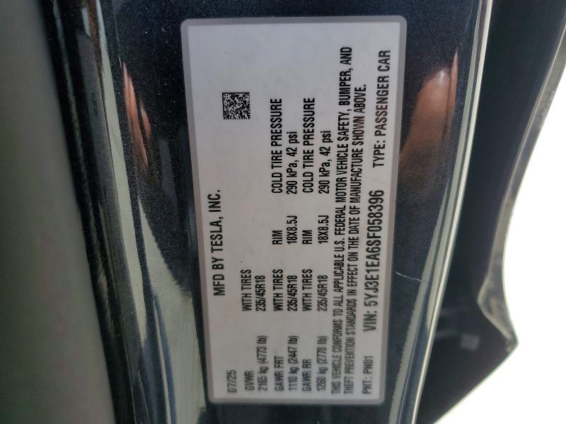 Продажа на аукционе авто 2025 Tesla Model 3, vin: 5YJ3E1EA6SF058396, номер лота: 85770225