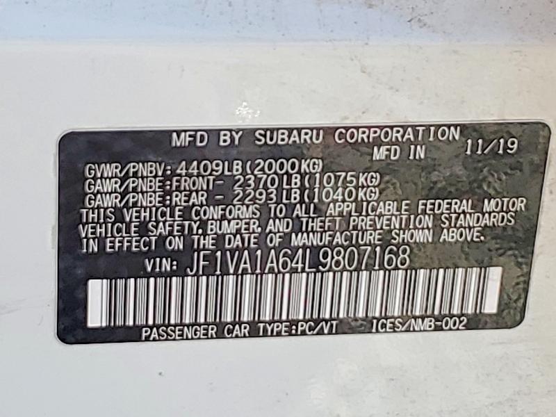 Aukcja sprzedaży 2020 Subaru Wrx, vin: JF1VA1A64L9807168, numer aukcji: 55147716