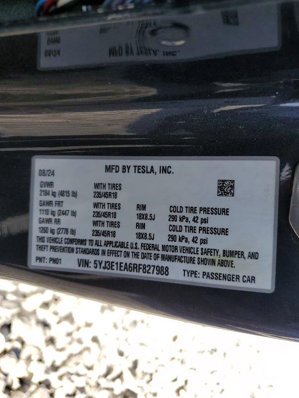 Продаж на аукціоні авто 2024 Tesla Model 3, vin: 5YJ3E1EA6RF827988, номер лоту: 56541286