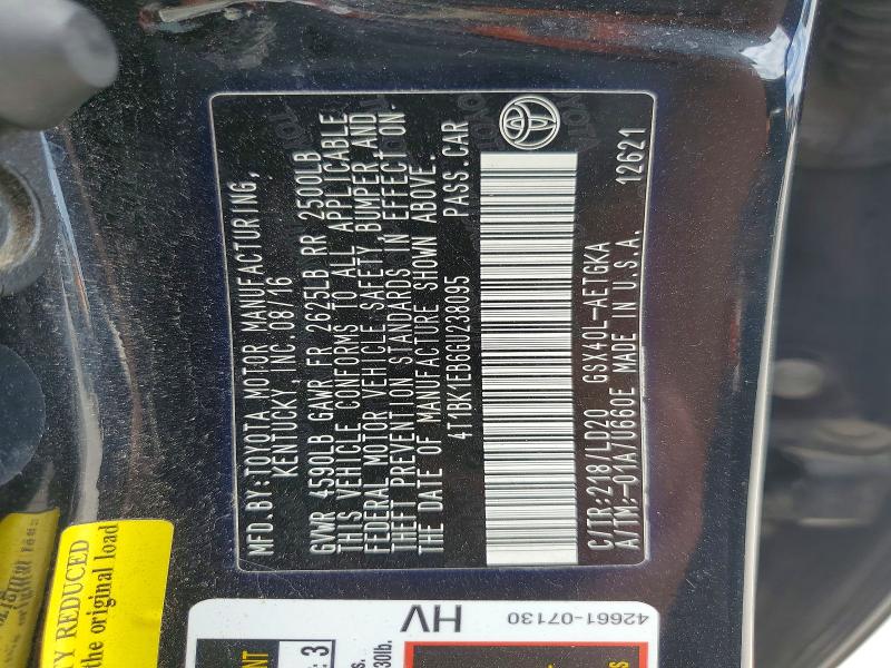 57149696 :رقم المزاد ، 4T1BK1EB6GU238095 vin ، 2016 Toyota Avalon مزاد بيع