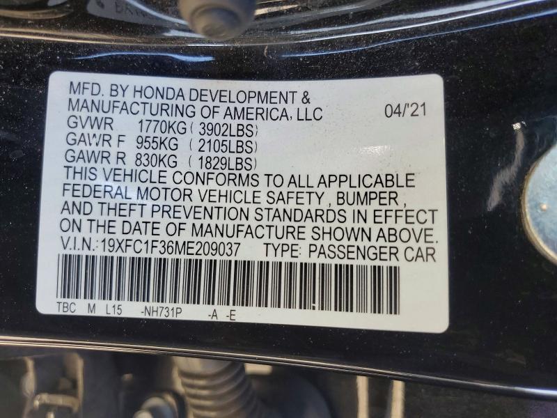 2021 Honda Civic მანქანა იყიდება აუქციონზე, vin: 19XFC1F36ME209037, აუქციონის ნომერი: 56073296