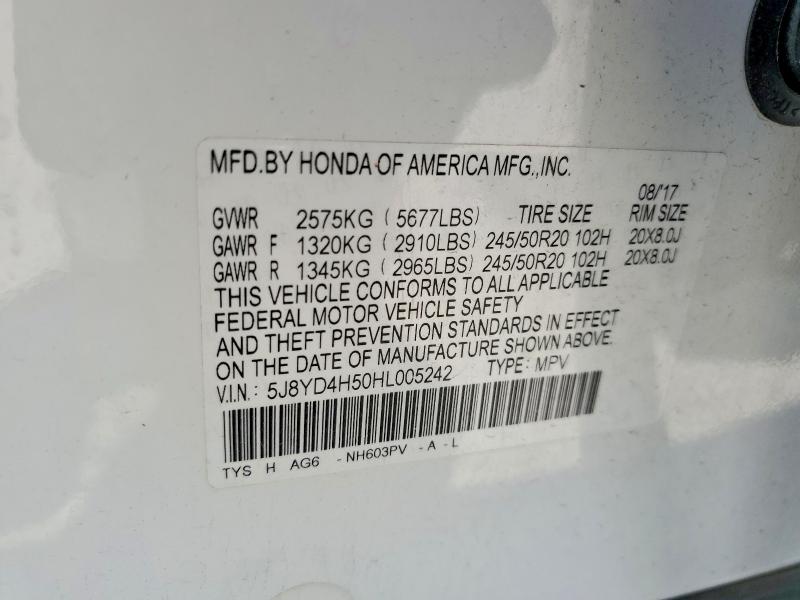 57719586 :رقم المزاد ، 5J8YD4H50HL005242 vin ، 2017 Acura Mdx مزاد بيع