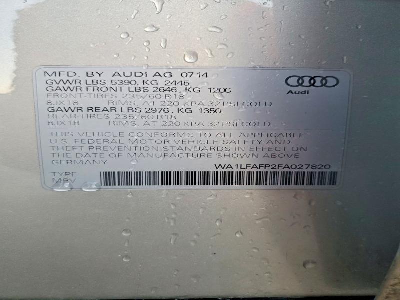55962306 :رقم المزاد ، WA1LFAFP2FA027820 vin ، 2015 Audi Q5 مزاد بيع