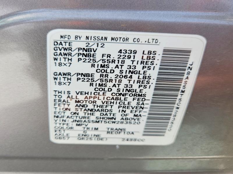 Aukcja sprzedaży 2012 Nissan Rogue, vin: JN8AS5MT5CW283520, numer aukcji: 59190266