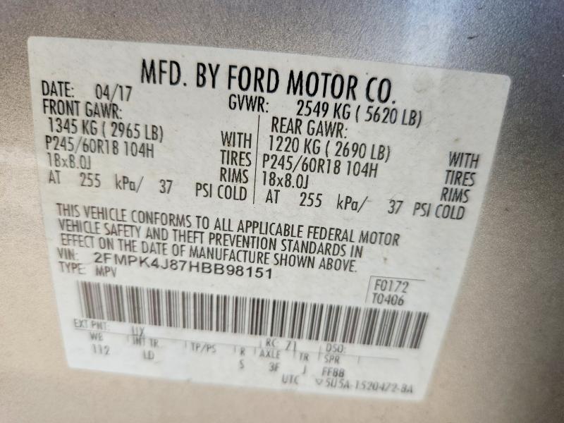 2017 Ford Edge მანქანა იყიდება აუქციონზე, vin: 2FMPK4J87HBB98151, აუქციონის ნომერი: 56783826