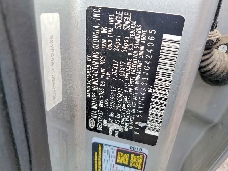 57741156 :رقم المزاد ، 5XYPG4A31JG424065 vin ، 2018 Kia Sorento مزاد بيع