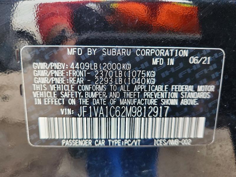 Продаж на аукціоні авто 2021 Subaru Wrx, vin: JF1VA1C62M9812917, номер лоту: 56657086