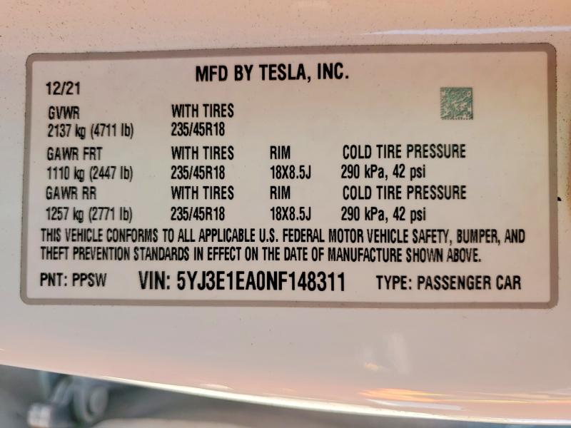 59189546 :رقم المزاد ، 5YJ3E1EA0NF148311 vin ، 2022 Tesla Model 3 مزاد بيع