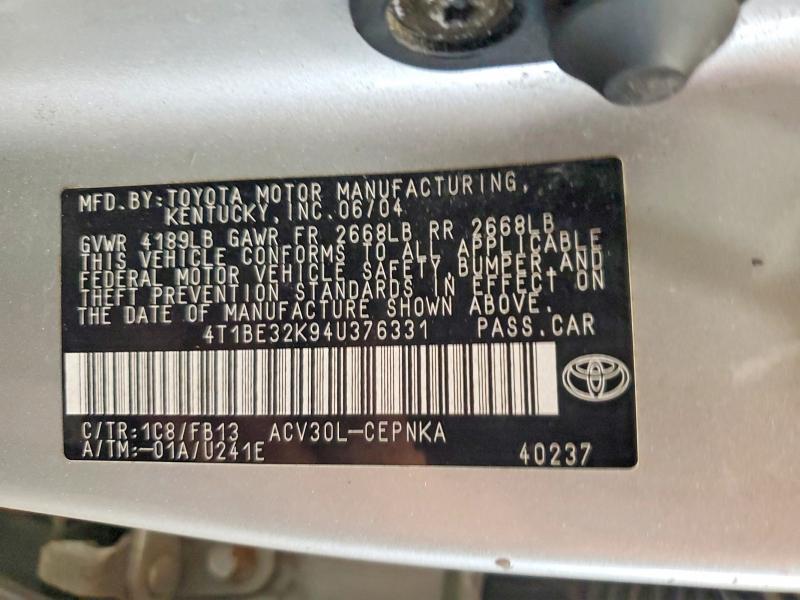 Aukcja sprzedaży 2004 Toyota Camry, vin: 4T1BE32K94U376331, numer aukcji: 58490996