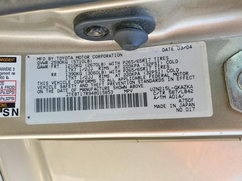 2004 Toyota 4runner მანქანა იყიდება აუქციონზე, vin: JTEBT17R948015853, აუქციონის ნომერი: 56048186