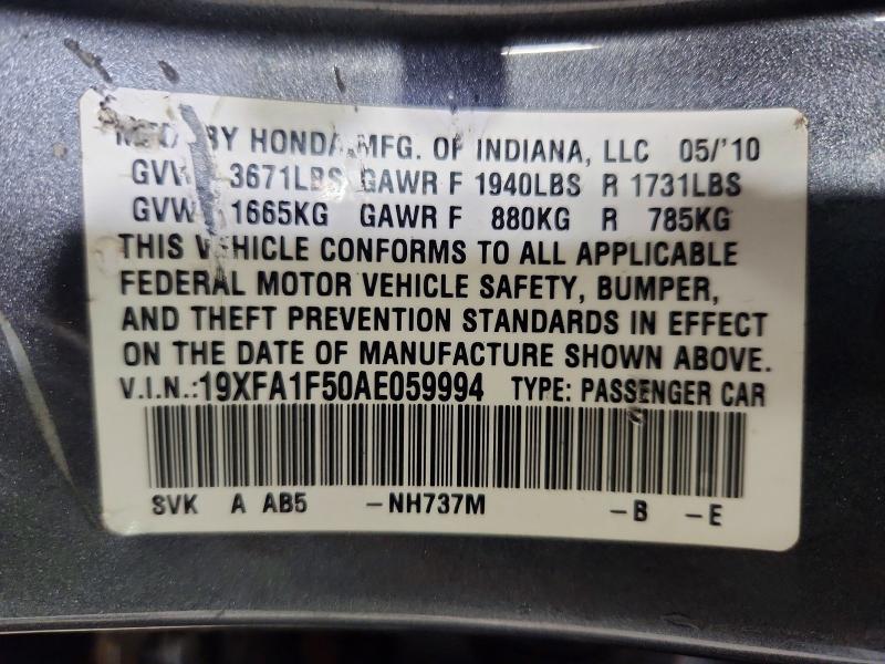 Auction sale of the 2010 Honda Civic, vin: 19XFA1F50AE059994, lot number: 57594976
