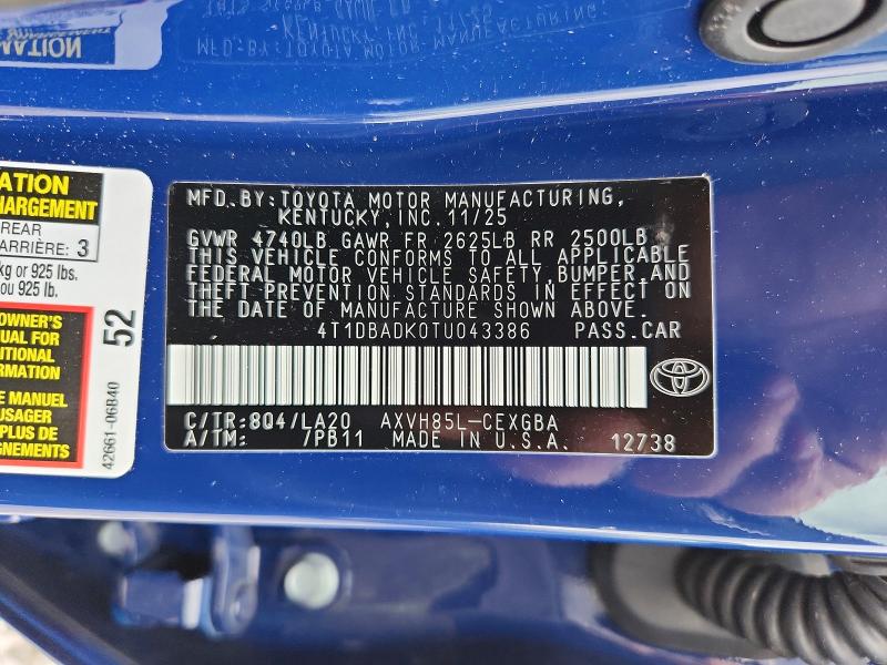 Продаж на аукціоні авто 2026 Toyota Camry, vin: 4T1DBADK0TU043386, номер лоту: 58378196
