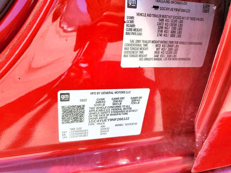 2022 Chevrolet Silverado მანქანა იყიდება აუქციონზე, vin: 1GC4YUEY9NF266122, აუქციონის ნომერი: 57375186