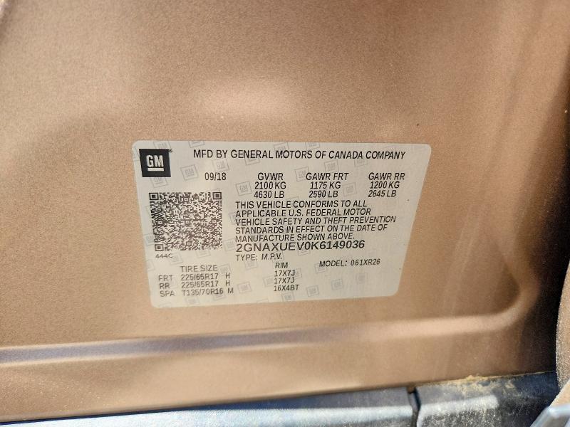 Aukcja sprzedaży 2019 Chevrolet Equinox, vin: 2GNAXUEV0K6149036, numer aukcji: 56580516