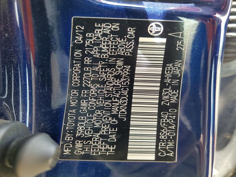 57908636 :رقم المزاد ، JTDKN3DU4C1537994 vin ، 2012 Toyota Prius مزاد بيع