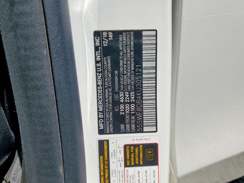 2019 Mercedes-benz C მანქანა იყიდება აუქციონზე, vin: 55SWF8DB4KU305121, აუქციონის ნომერი: 55057776