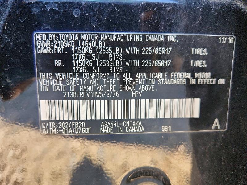 55501486 :رقم المزاد ، 2T3BFREV1HW578776 vin ، 2017 Toyota Rav4 مزاد بيع