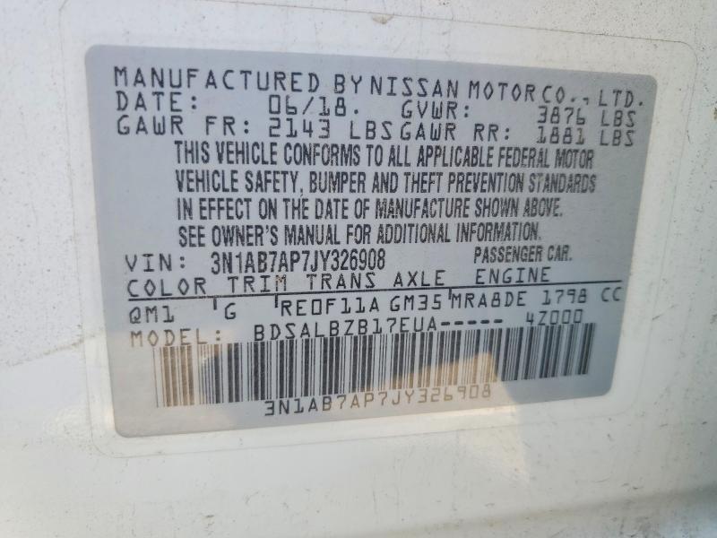 2018 Nissan Sentra მანქანა იყიდება აუქციონზე, vin: 3N1AB7AP7JY326908, აუქციონის ნომერი: 54894486