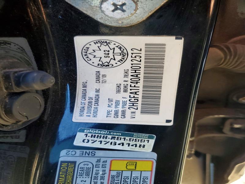 2010 Honda Civic მანქანა იყიდება აუქციონზე, vin: 2HGFA1F40AH012512, აუქციონის ნომერი: 55111806