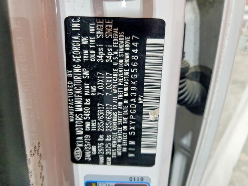 58361586 :رقم المزاد ، 5XYPGDA39KG568447 vin ، 2019 Kia Sorento مزاد بيع