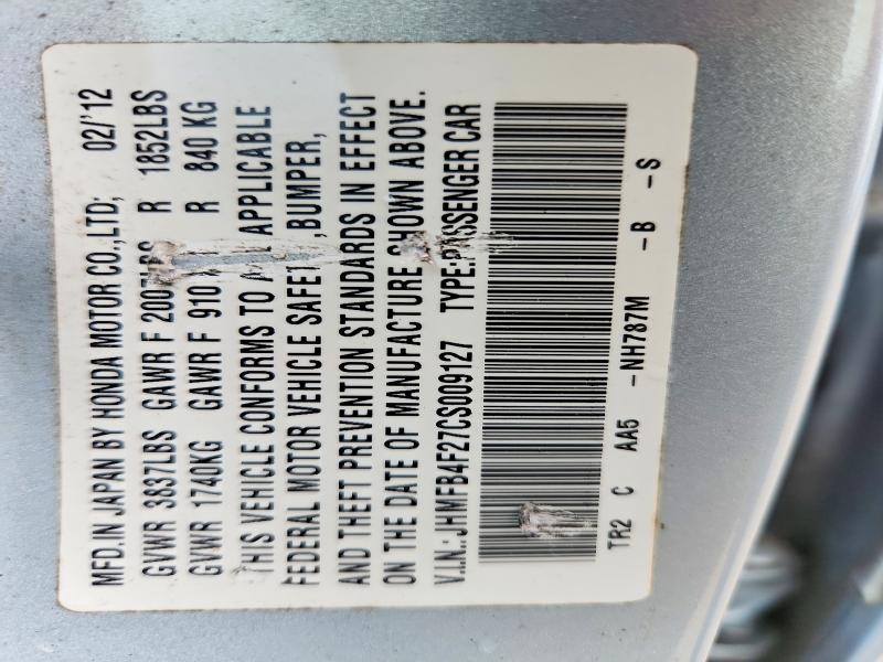2012 Honda Civic მანქანა იყიდება აუქციონზე, vin: JHMFB4F27CS009127, აუქციონის ნომერი: 57702186