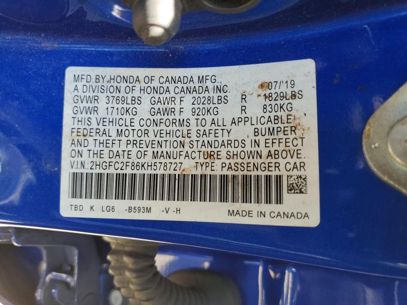 Aukcja sprzedaży 2019 Honda Civic, vin: 2HGFC2F86KH578727, numer aukcji: 55808216