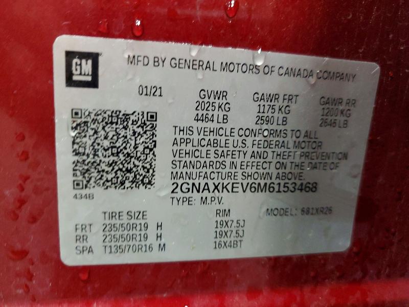 57852216 :رقم المزاد ، 2GNAXKEV6M6153468 vin ، 2021 Chevrolet Equinox مزاد بيع