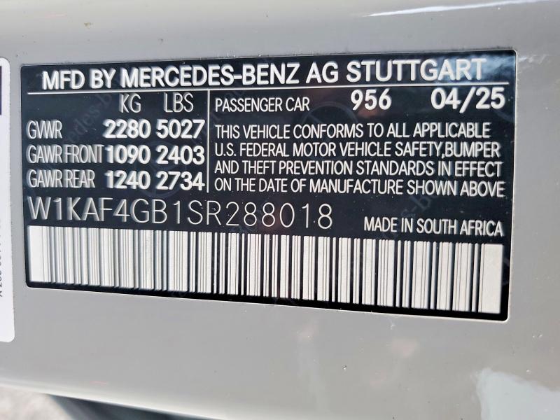 58723586 :رقم المزاد ، W1KAF4GB1SR288018 vin ، 2025 Mercedes-benz C مزاد بيع