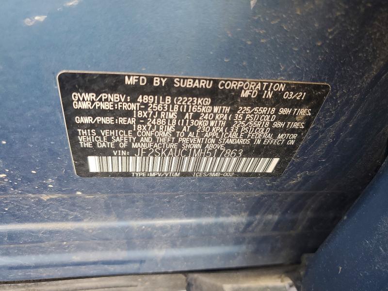 58091246 :رقم المزاد ، JF2SKAUC1MH517863 vin ، 2021 Subaru Forester مزاد بيع