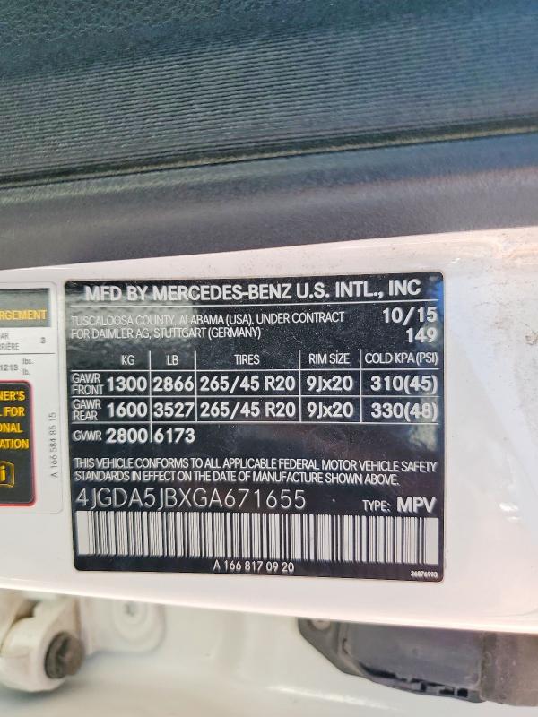 56167956 :رقم المزاد ، 4JGDA5JBXGA671655 vin ، 2016 Mercedes-benz Gle مزاد بيع