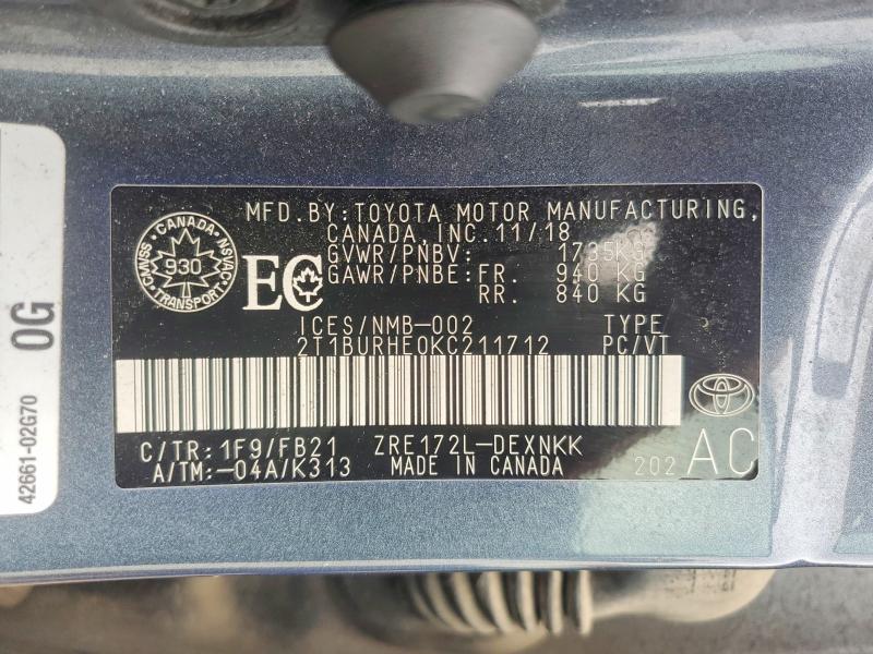 2019 Toyota Corolla მანქანა იყიდება აუქციონზე, vin: 2T1BURHE0KC211712, აუქციონის ნომერი: 55906416