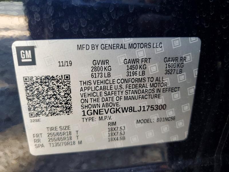 56816506 :رقم المزاد ، 1GNEVGKW8LJ175300 vin ، 2020 Chevrolet Traverse مزاد بيع