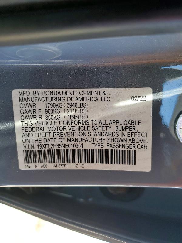 Продажа на аукционе авто 2022 Honda Civic, vin: 19XFL2H85NE010951, номер лота: 57583016