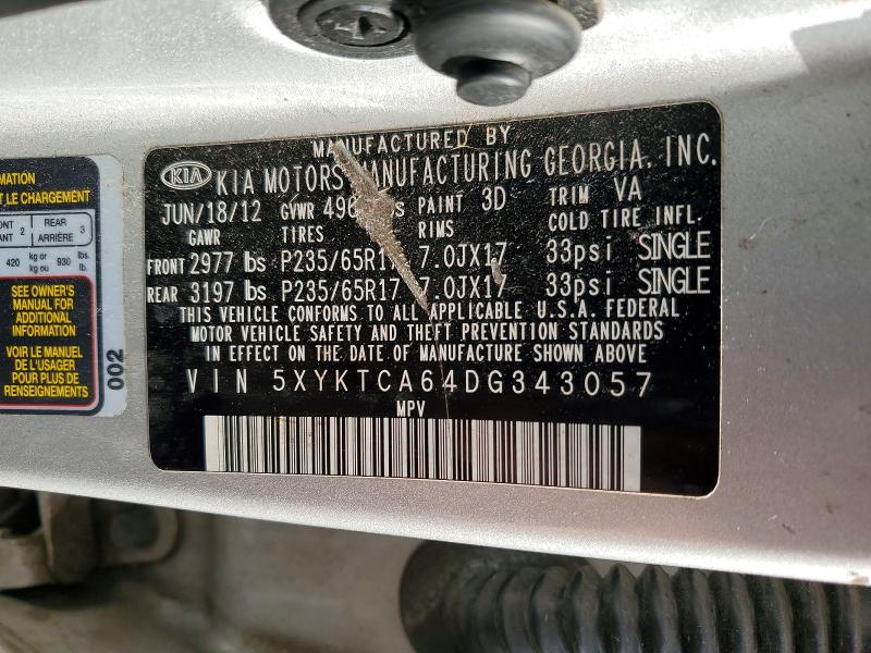 2013 Kia Sorento მანქანა იყიდება აუქციონზე, vin: 5XYKTCA64DG343057, აუქციონის ნომერი: 57327636