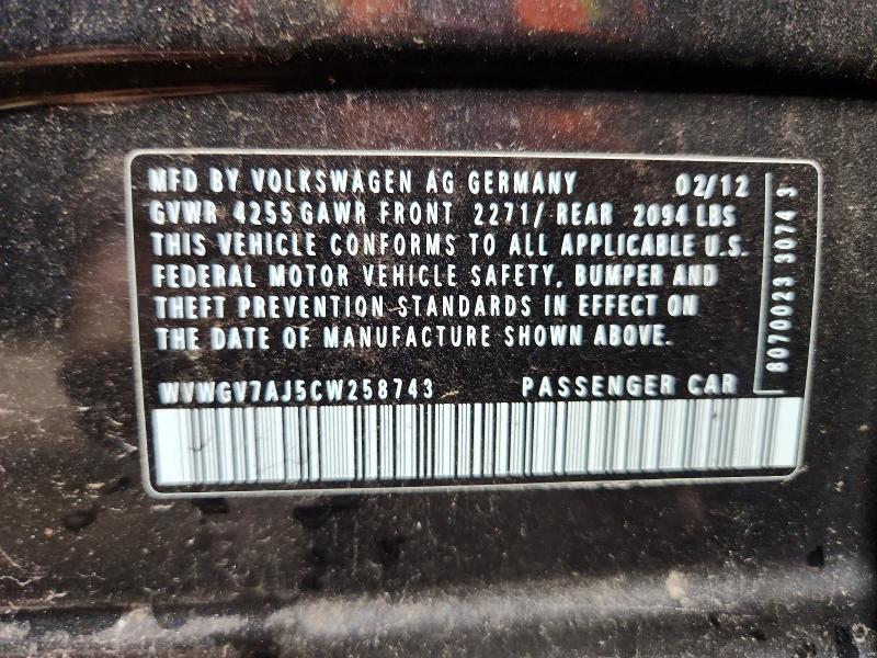 54839556 :رقم المزاد ، WVWGV7AJ5CW258743 vin ، 2012 Volkswagen Gti مزاد بيع