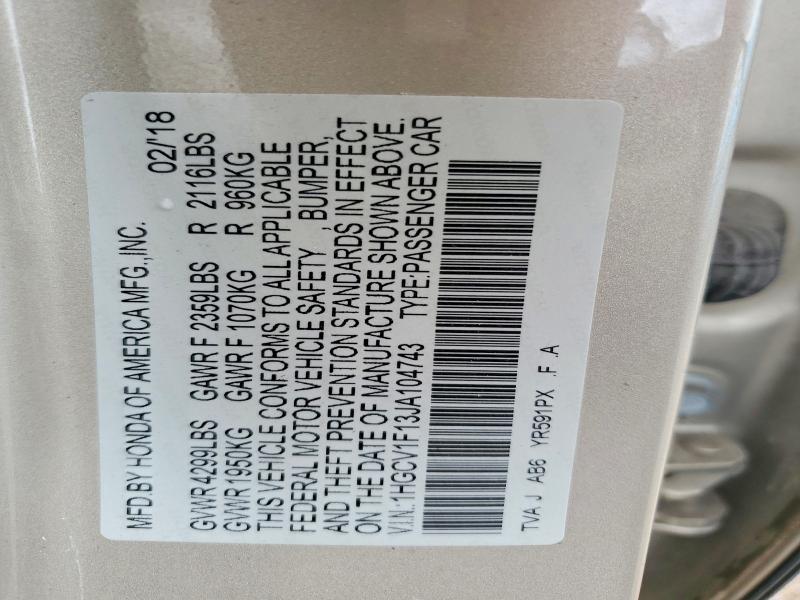 2018 Honda Accord მანქანა იყიდება აუქციონზე, vin: 1HGCV1F13JA104743, აუქციონის ნომერი: 55454296