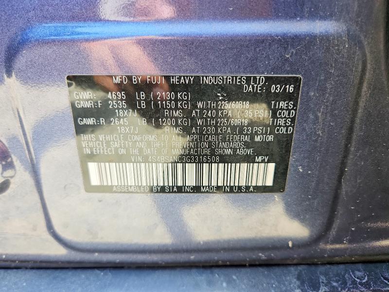 2016 Subaru Outback მანქანა იყიდება აუქციონზე, vin: 4S4BSANC3G3316508, აუქციონის ნომერი: 56541226
