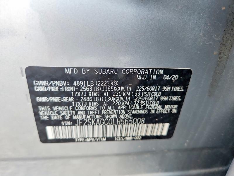 57027576 :رقم المزاد ، JF2SKAGC0LH565008 vin ، 2020 Subaru Forester مزاد بيع